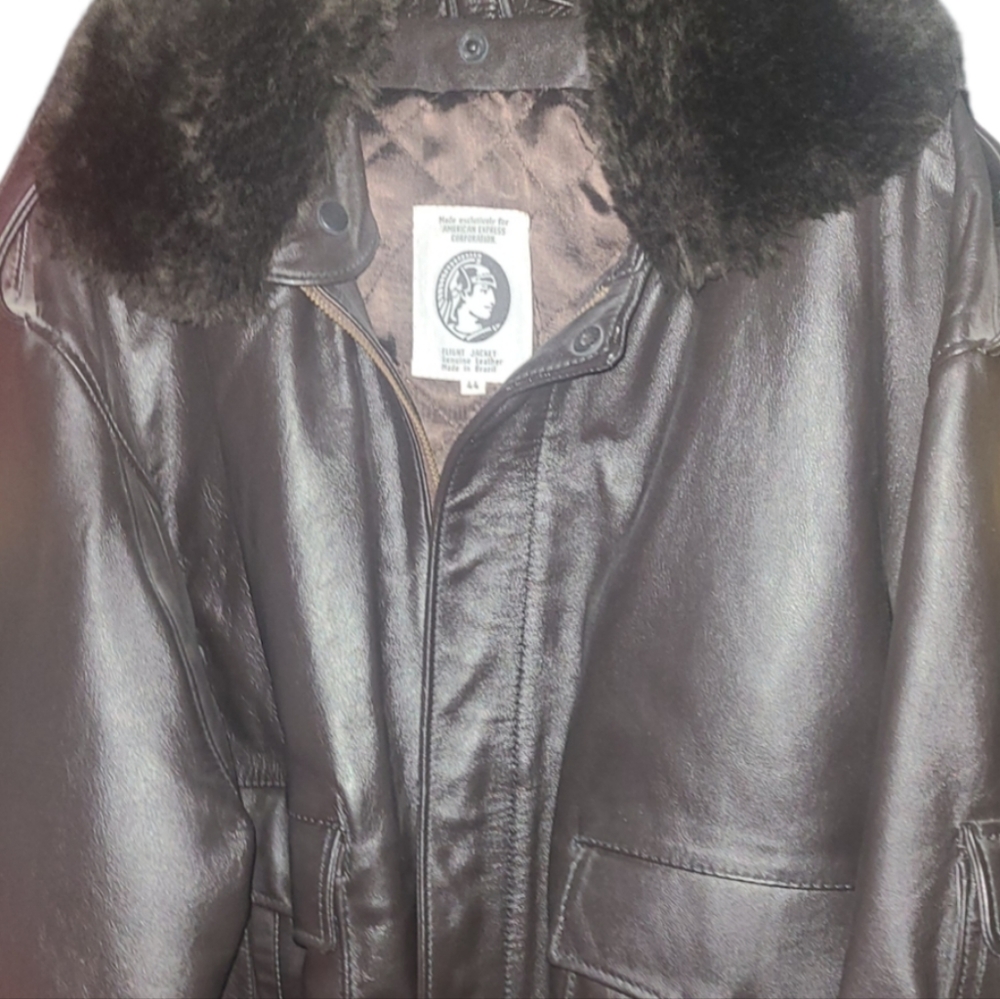 American Express Mens Flight Jacket Size 44 Brown Zip Up Genuine Leather Vintage